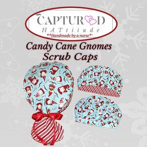 Womens Christmas Bouffant Scrub Cap Candy Cane Gnomes * Handmade